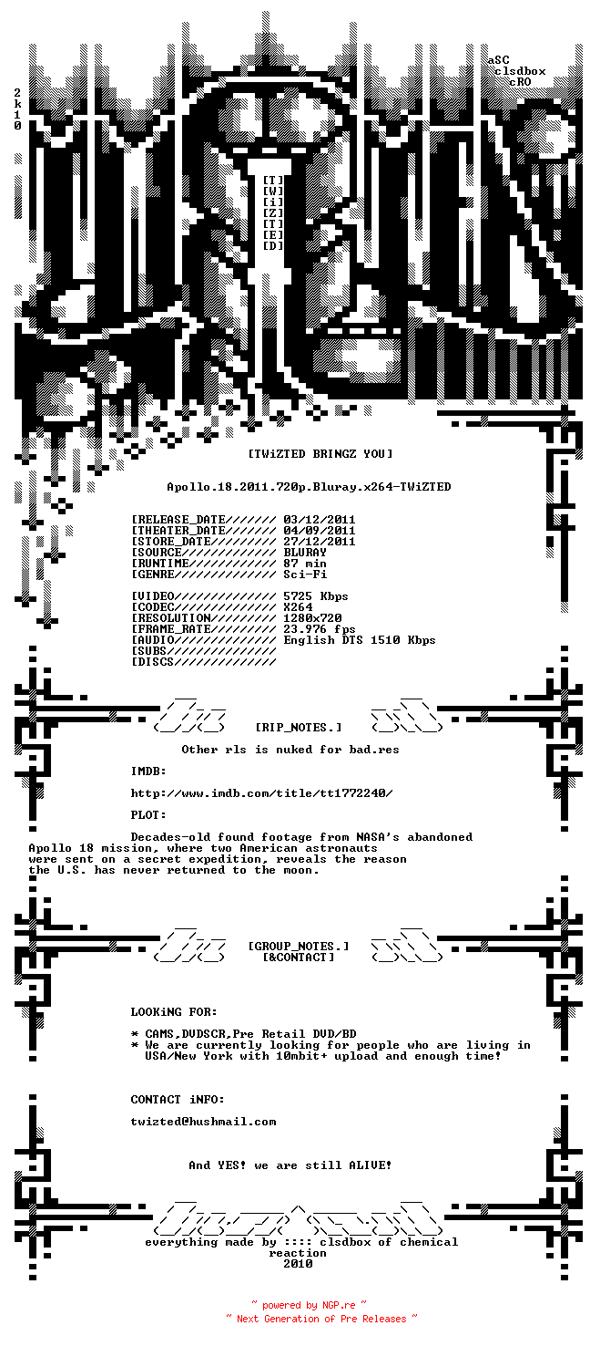 NFO for the release Apollo.18.2011.PROPER.720p.Bluray.x264-TWiZTED by TWiZTED