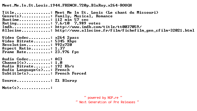 NFO for the release Meet.Me.In.St.Louis.1944.FRENCH.720p.BluRay.x264-ROUGH by ROUGH