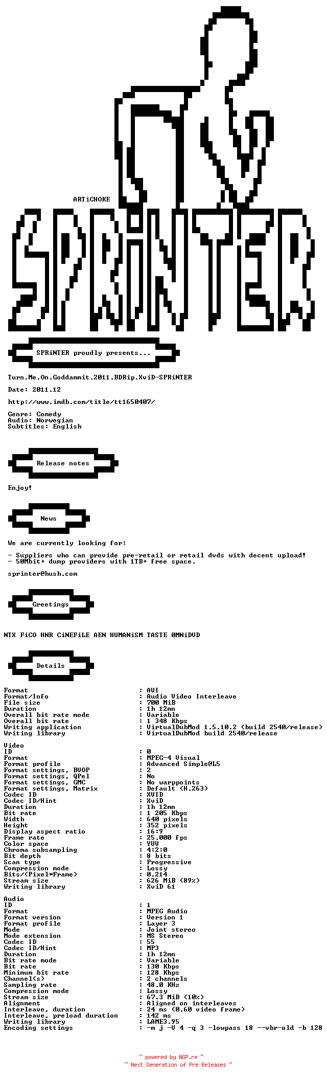 NFO for the release Turn.Me.On.Goddammit.2011.BDRip.XviD-SPRiNTER by SPRiNTER