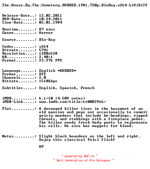 NFO for the release The.House.By.The.Cemetery.DUBBED.1981.720p.BluRay.x264-LiViDiTY by LiViDiTY