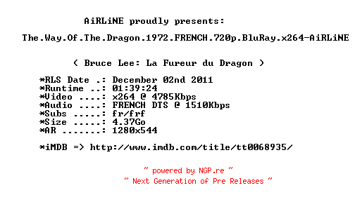 NFO for the release The.Way.Of.The.Dragon.1972.FRENCH.720p.BluRay.x264-AiRLiNE by AiRLiNE