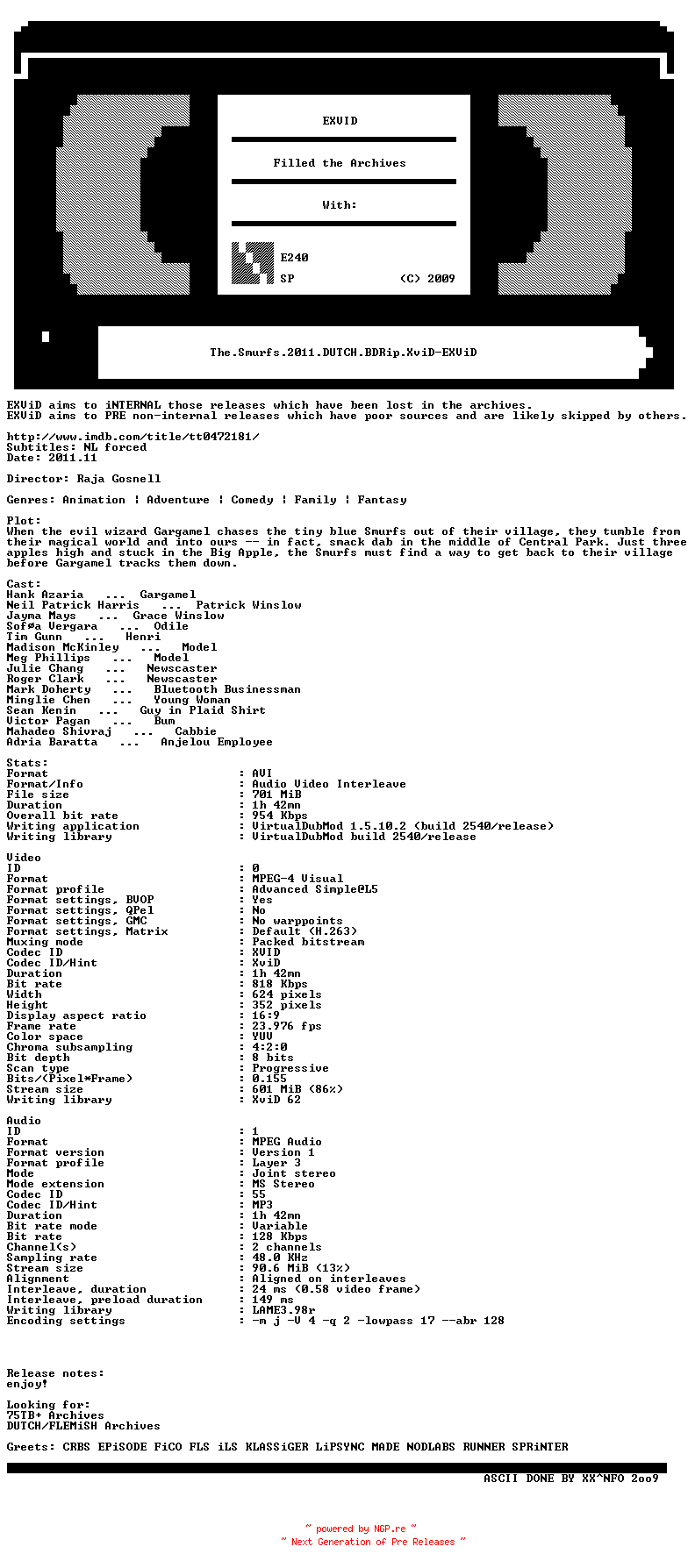 NFO for the release The.Smurfs.2011.DUTCH.BDRip.XviD-EXViD by EXViD