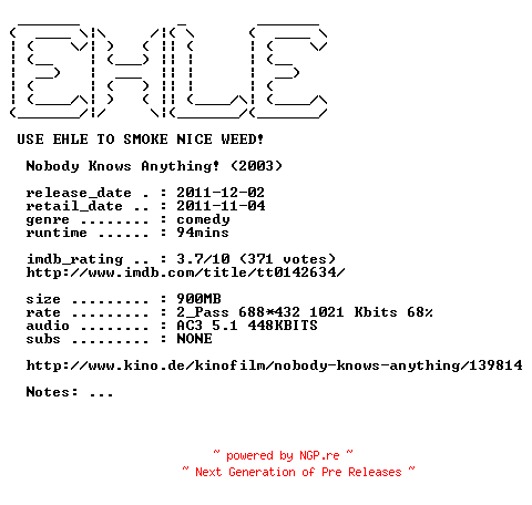 NFO for the release Nobody.knows.anything.German.2003.AC3.BDRiP.XviD-EHLE by EHLE