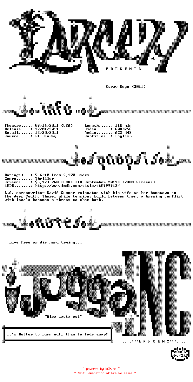 NFO for the release Straw.Dogs.2011.BDRip.XviD-Larceny by Larceny