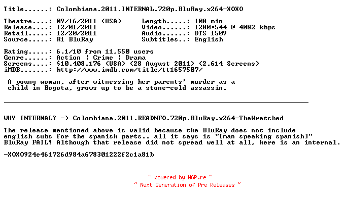NFO for the release Colombiana.2011.INTERNAL.720p.BluRay.x264-XOXO by XOXO