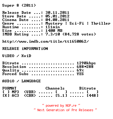 NFO for the release Super.8.German.2011.AC3.BDRip.XviD-OBLiGATED by OBLiGATED