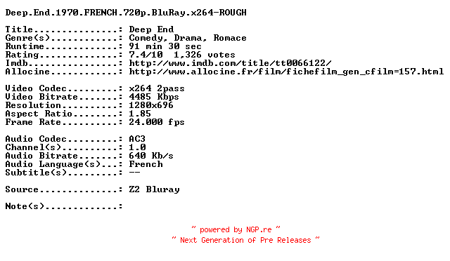 NFO for the release Deep.End.1970.FRENCH.720p.BluRay.x264-ROUGH by ROUGH