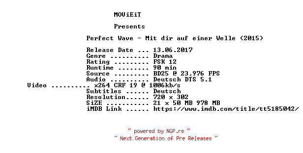 NFO for the release Perfect.Wave.German.2015.BDRiP.x264-MOViEiT by MOViEiT