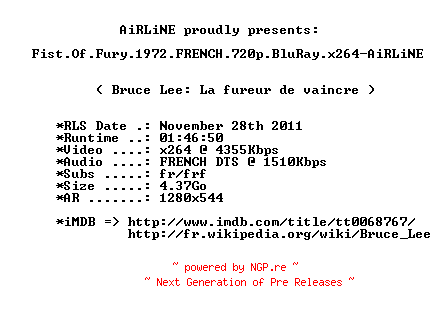 NFO for the release Fist.Of.Fury.1972.FRENCH.720p.BluRay.x264-AiRLiNE by AiRLiNE