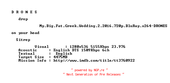 NFO for the release My.Big.Fat.Greek.Wedding.2.2016.720p.BluRay.x264-DRONES by DRONES