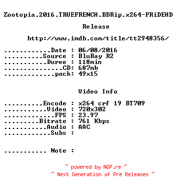NFO for the release Zootopia.2016.TRUEFRENCH.BDRip.x264-PRiDEHD by PRiDEHD