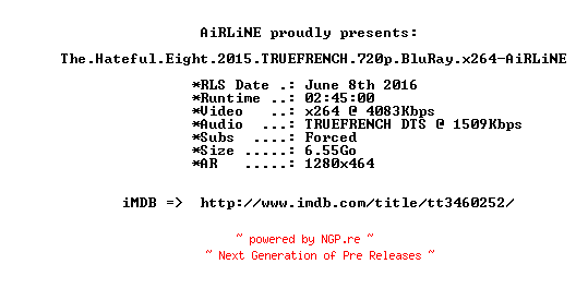 NFO for the release The.Hateful.Eight.2015.TRUEFRENCH.720p.BluRay.x264-AiRLiNE by AiRLiNE