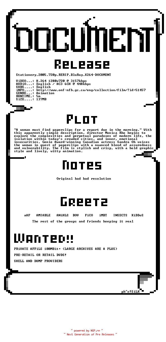 NFO for the release Stationery.2005.720p.RERIP.BluRay.X264-DOCUMENT by DOCUMENT