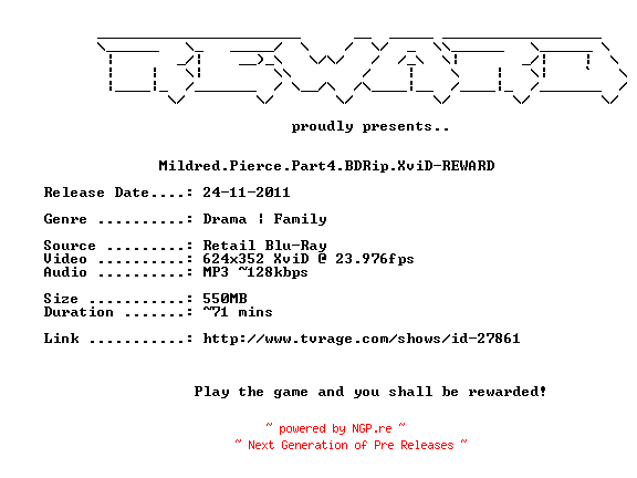 NFO for the release Mildred.Pierce.Part4.BDRip.XviD-REWARD by REWARD