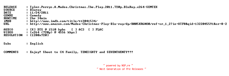 NFO for the release Tyler.Perrys.A.Madea.Christmas.The.Play.2011.720p.BluRay.x264.iNTERNAL-SEMTEX by SEMTEX