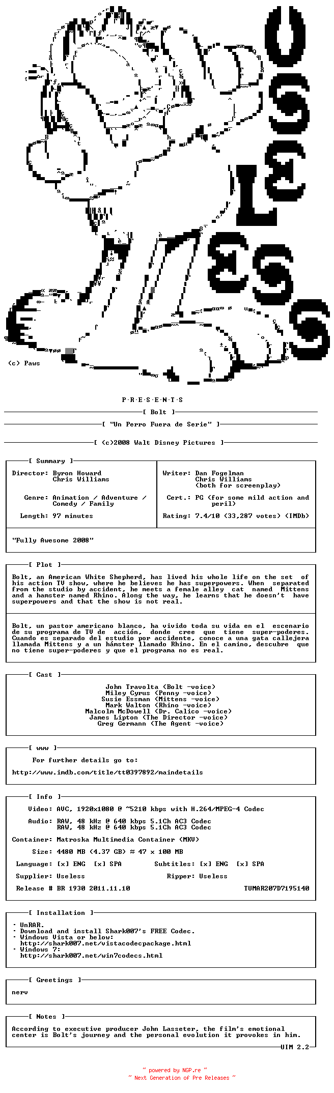 NFO for the release Bolt.BDRip.x264.2008.SP-USL by USL