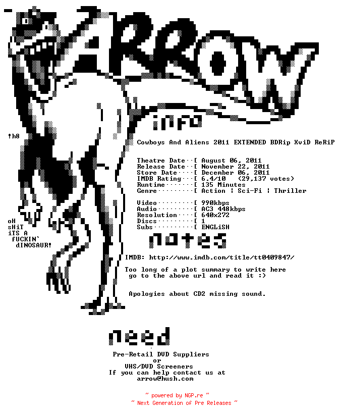 NFO for the release Cowboys.And.Aliens.2011.EXTENDED.RERiP.BDRip.XviD-ARROW by ARROW