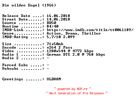 NFO for the release Die.wilden.Engel.1966.KiNOFASSUNG.German.720p.BluRay.x264-SPiCY by SPiCY
