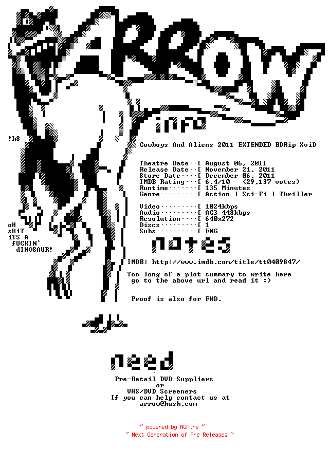 NFO for the release Cowboys.And.Aliens.2011.EXTENDED.BDRip.XviD-ARROW by ARROW