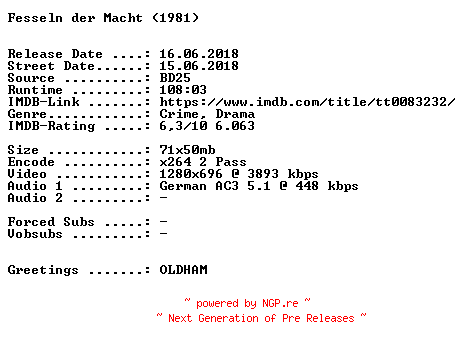 NFO for the release Fesseln.der.Macht.1981.German.720p.BluRay.x264-SPiCY by SPiCY