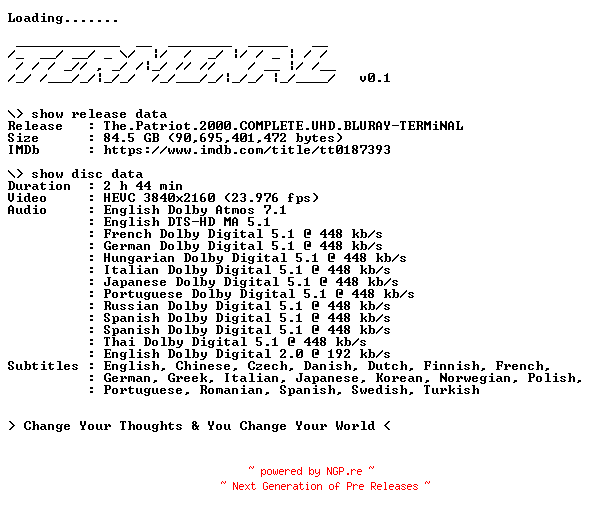 NFO for the release The.Patriot.2000.COMPLETE.UHD.BLURAY-TERMiNAL by TERMiNAL