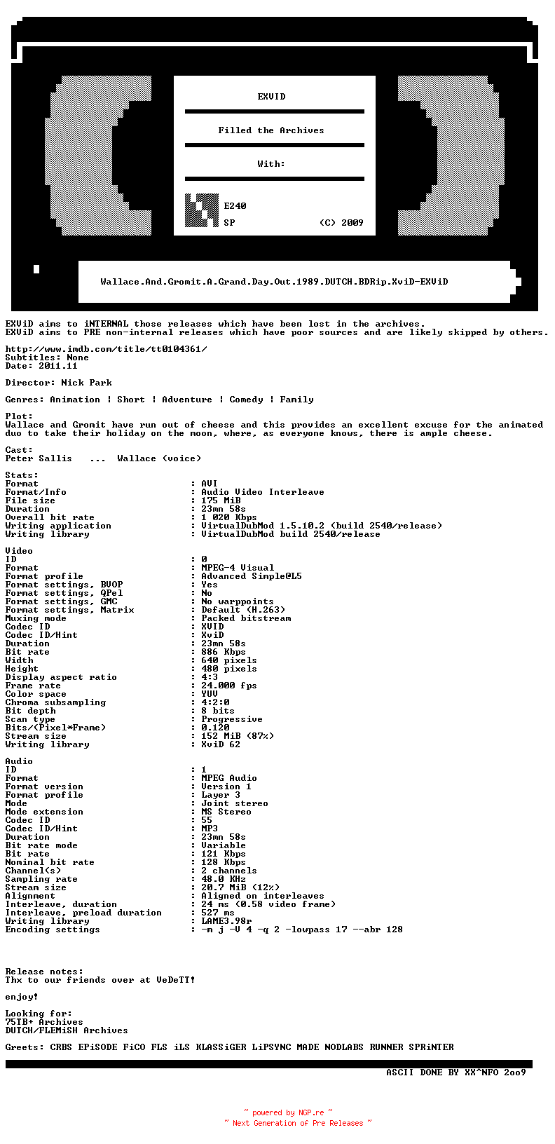 NFO for the release Wallace.And.Gromit.A.Grand.Day.Out.1989.DUTCH.BDRip.XviD-EXViD by EXViD