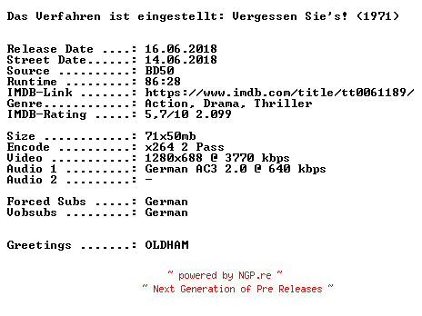 NFO for the release Das.Verfahren.ist.eingestellt.Vergessen.Sie.es.1971.German.720p.BluRay.x264-SPiCY by SPiCY
