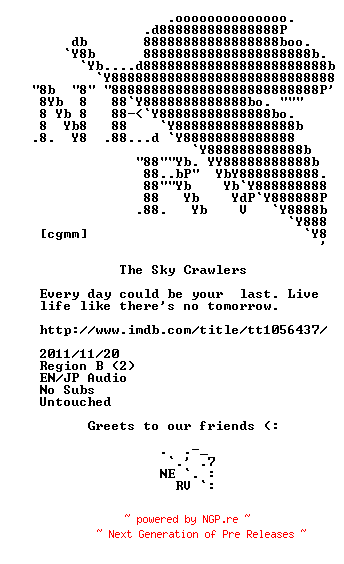 NFO for the release The.Sky.Crawlers.2008.BLURAY-NERV by NERV