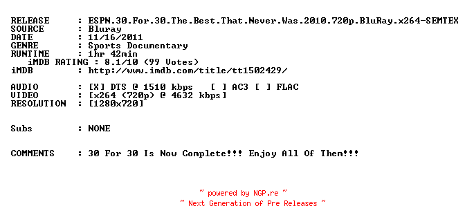 NFO for the release ESPN.30.For.30.The.Best.That.Never.Was.2010.720p.BluRay.x264-SEMTEX by SEMTEX