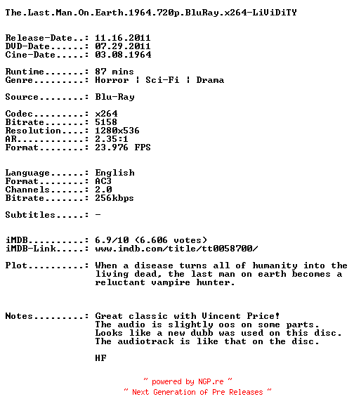 NFO for the release The.Last.Man.On.Earth.1964.720p.BluRay.x264-LiViDiTY by LiViDiTY