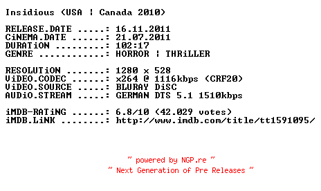 NFO for the release Insidious.2010.German.720p.BluRay.x264-PRiViLEGED by PRiViLEGED