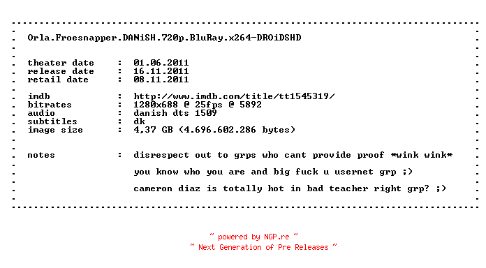 NFO for the release Orla.Froesnapper.DANiSH.720p.BluRay.x264-DROiDSHD by DROiDSHD
