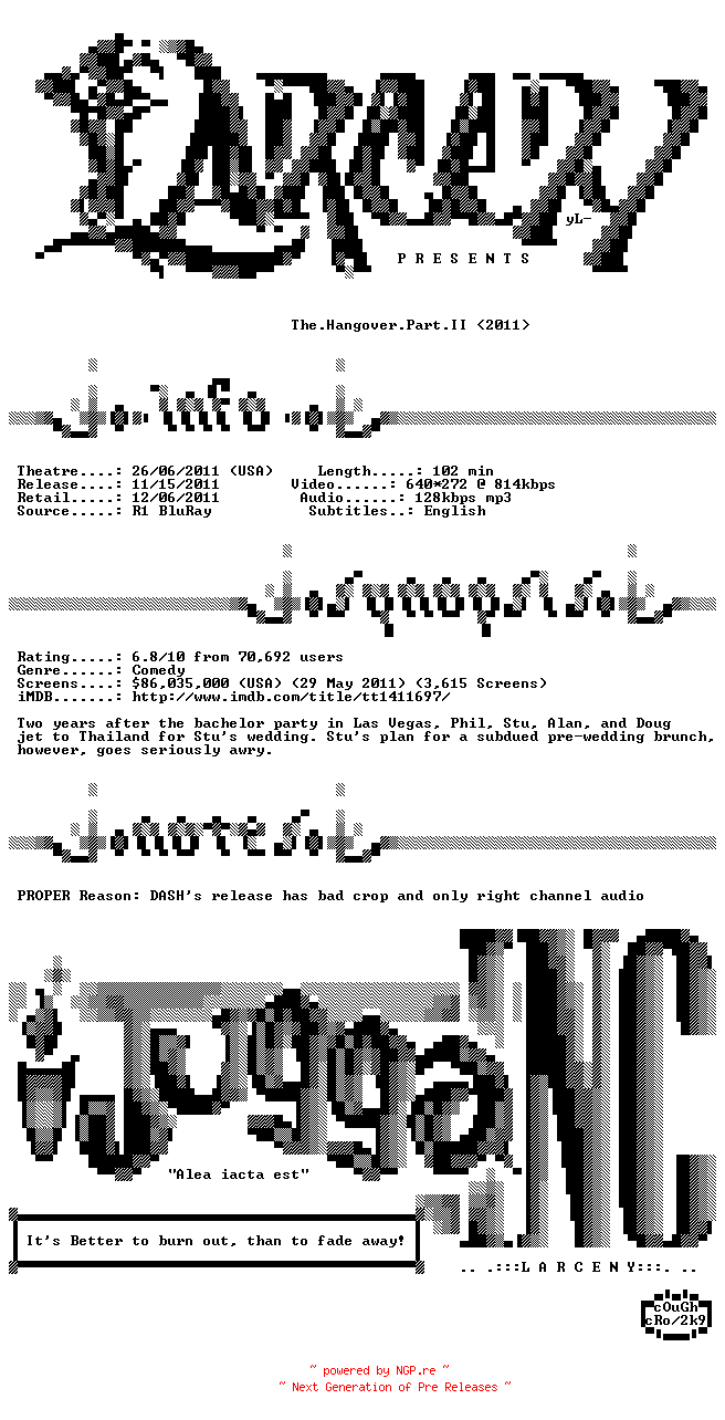 NFO for the release The.Hangover.Part.II.2011.PROPER.BDRip.XviD-Larceny by Larceny
