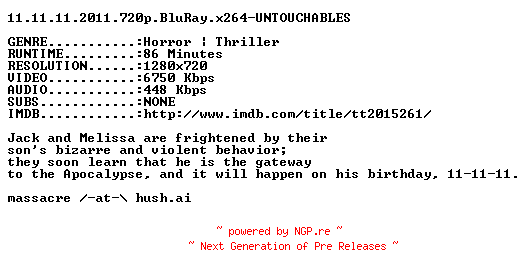 NFO for the release 11.11.11.2011.720p.BluRay.x264-UNTOUCHABLES by UNTOUCHABLES