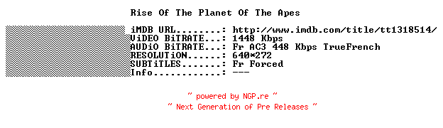 NFO for the release Rise.Of.The.Planet.Of.The.Apes.FRENCH.BDRip.XviD-THENiGHTMARE by THENiGHTMARE