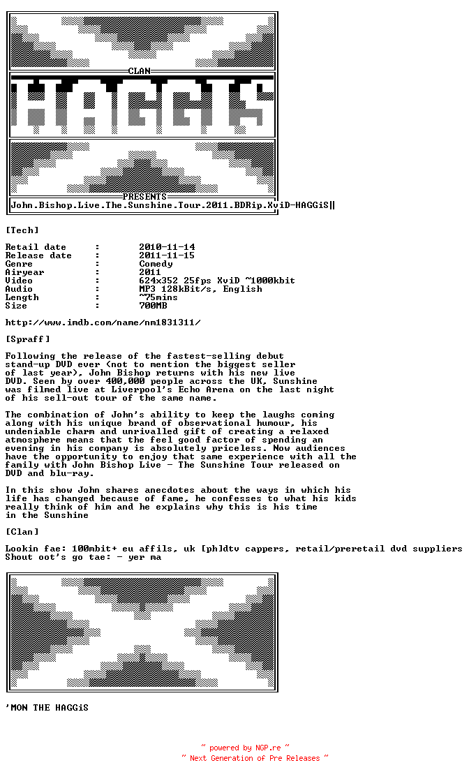 NFO for the release John.Bishop.Live.The.Sunshine.Tour.2011.BDRip.XviD-HAGGiS by HAGGiS