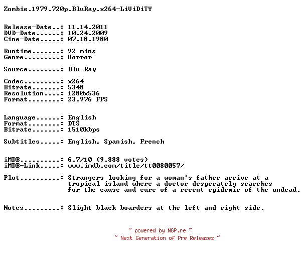 NFO for the release Zombie.1979.720p.BluRay.x264-LiViDiTY by LiViDiTY