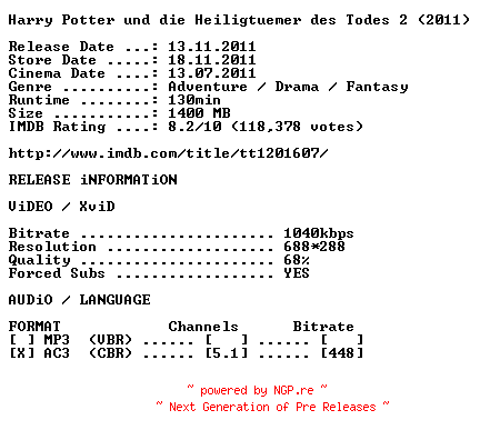 NFO for the release Harry.Potter.und.die.Heiligtuemer.des.Todes.Teil.2.German.2011.AC3.BDRip.XviD-OBLiGATED by OBLiGATED
