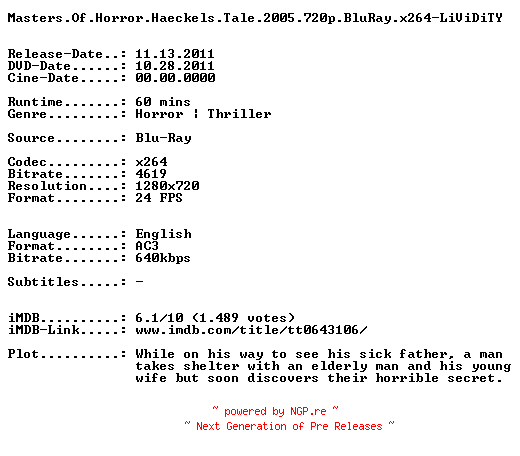 NFO for the release Masters.Of.Horror.Haeckels.Tale.2005.720p.BluRay.x264-LiViDiTY by LiViDiTY
