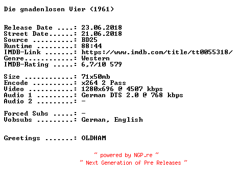 NFO for the release Die.gnadenlosen.Vier.1961.German.720p.BluRay.x264-SPiCY by SPiCY