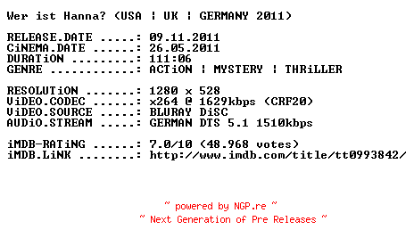 NFO for the release Wer.ist.Hanna.2011.German.720p.BluRay.x264-PRiViLEGED by PRiViLEGED