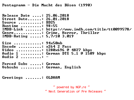 NFO for the release Pentagramm.Die.Macht.des.Boesen.1990.German.720p.BluRay.x264-SPiCY by SPiCY