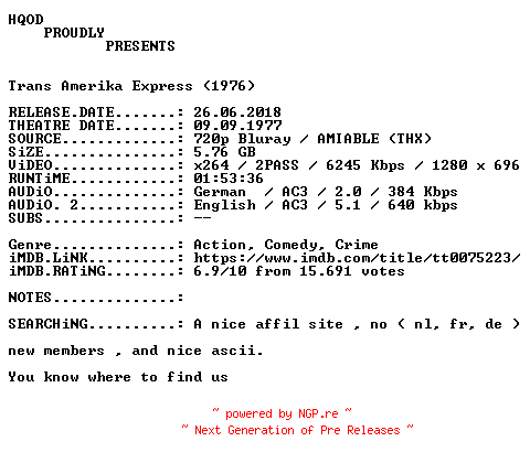 NFO for the release Trans.Amerika.Express.1976.German.AC3D.DL.720p.BluRay.x264-HQOD by HQOD