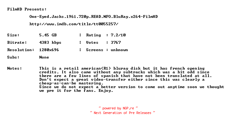 NFO for the release One-Eyed.Jacks.1961.720p.READ.NFO.BluRay.x264-FilmHD by FilmHD