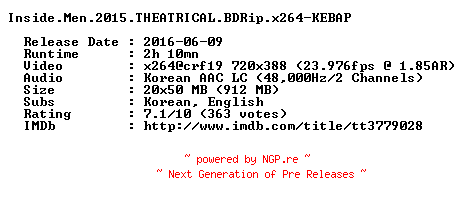 NFO for the release Inside.Men.2015.THEATRICAL.BDRip.x264-KEBAP by KEBAP