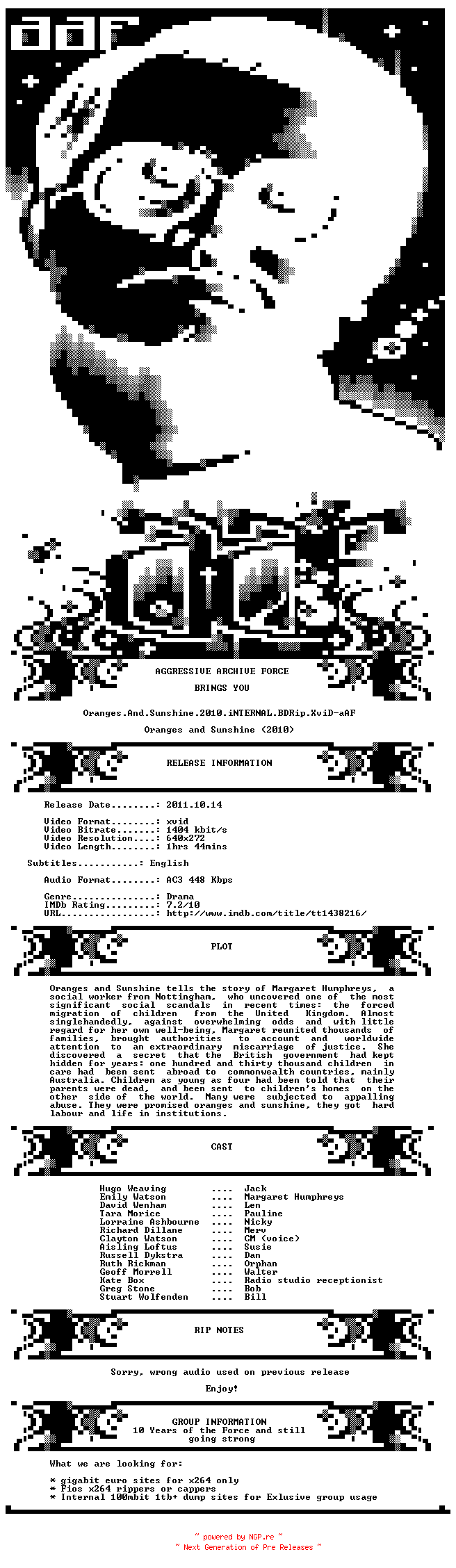 NFO for the release Oranges.And.Sunshine.2010.iNTERNAL.REPACK.BDRip.XviD-aAF by aAF