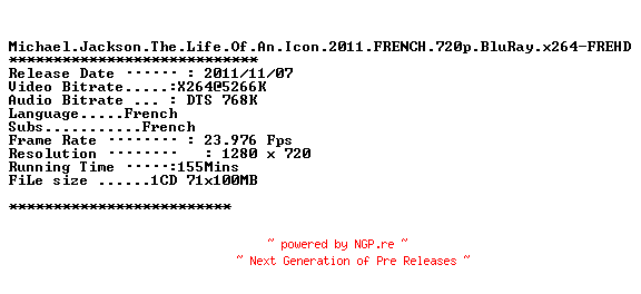 NFO for the release Michael.Jackson.The.Life.Of.An.Icon.2011.FRENCH.720p.BluRay.x264-FREHD by FREHD
