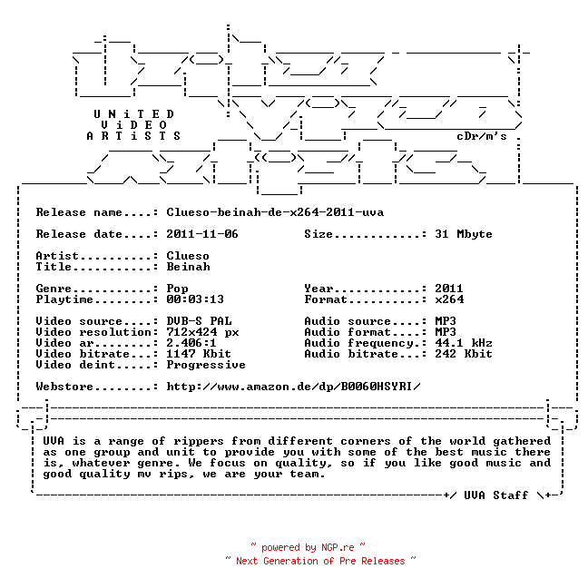 NFO for the release Clueso-beinah-de-x264-2011-uva by uva