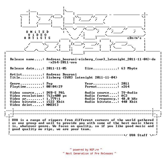 NFO for the release Andreas_bourani-eisberg_(swr3_latenight_2011-11-04)-de-x264-2011-uva by uva