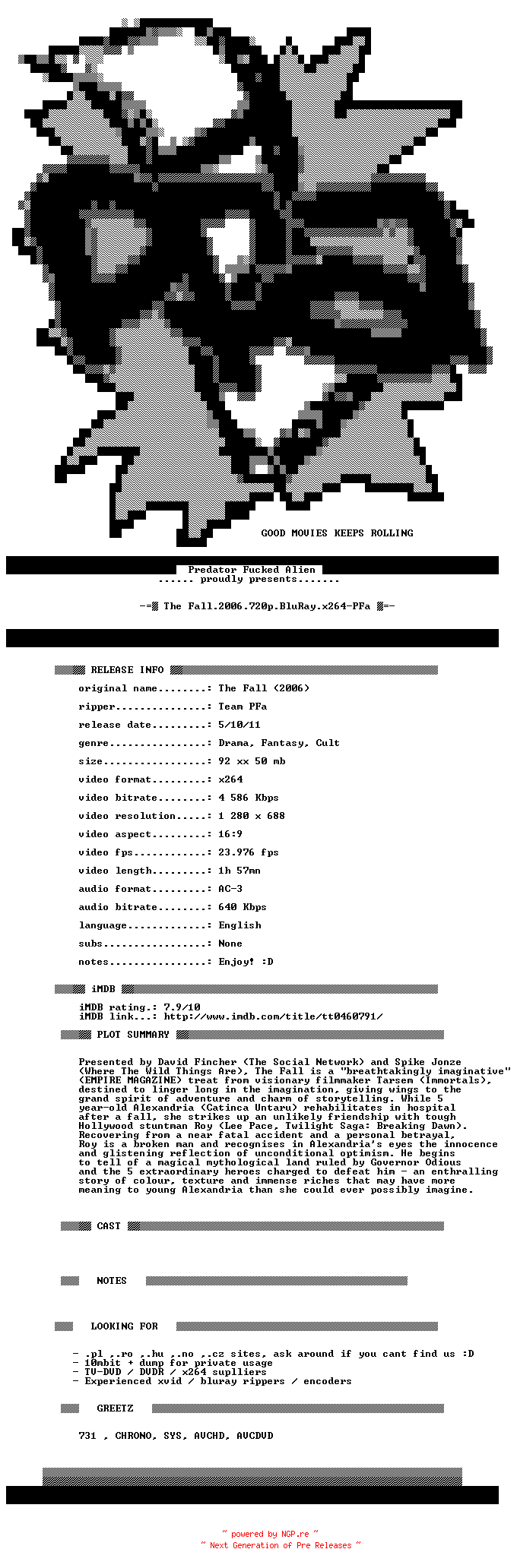 NFO for the release The.Fall.2006.720p.BluRay.x264-PFa by PFa